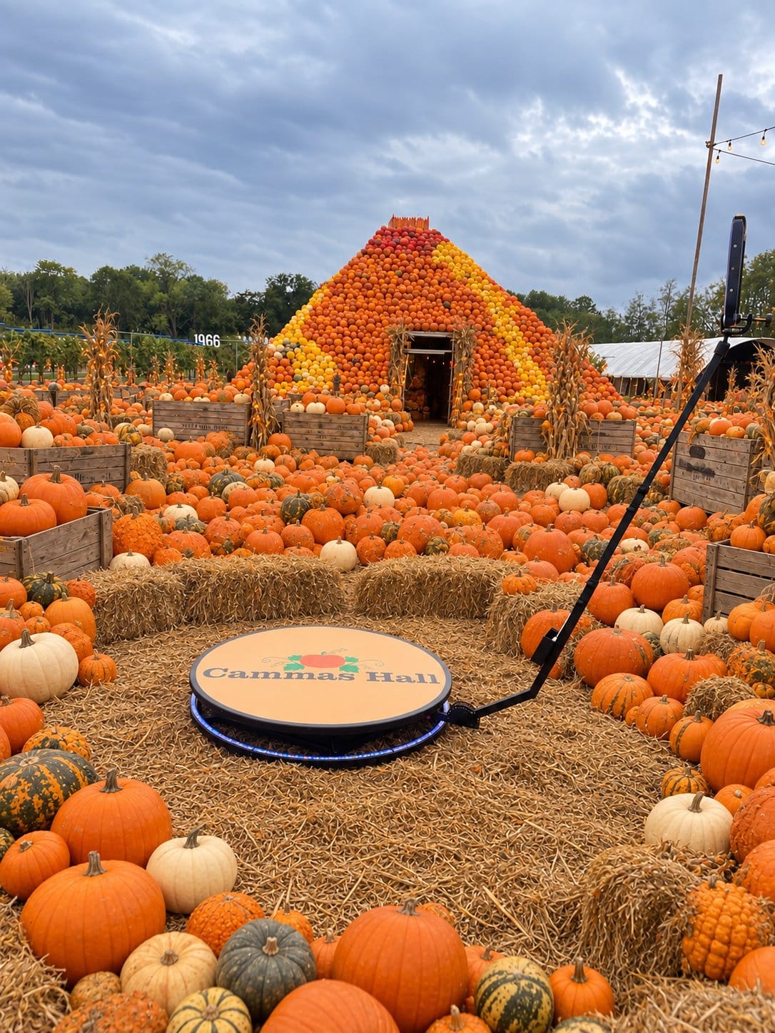 Video Booths 360 booth in front of the walk-in pumpkin pyramid at Cammas Hall