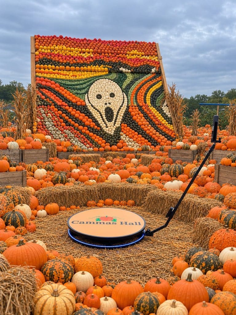 Video Booths 360 booth branded with the Cammas Hall logo in front of a pumpkin mosaic of The Scream at the 2026 Pumpkin Patch